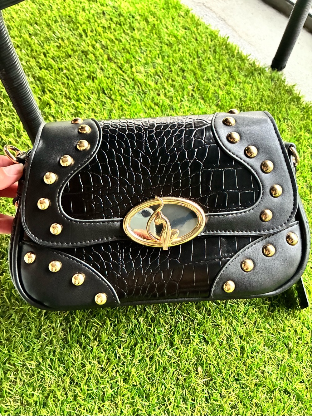 Baby Phat Black Croc-Embossed Crossbody with Gold Studs
